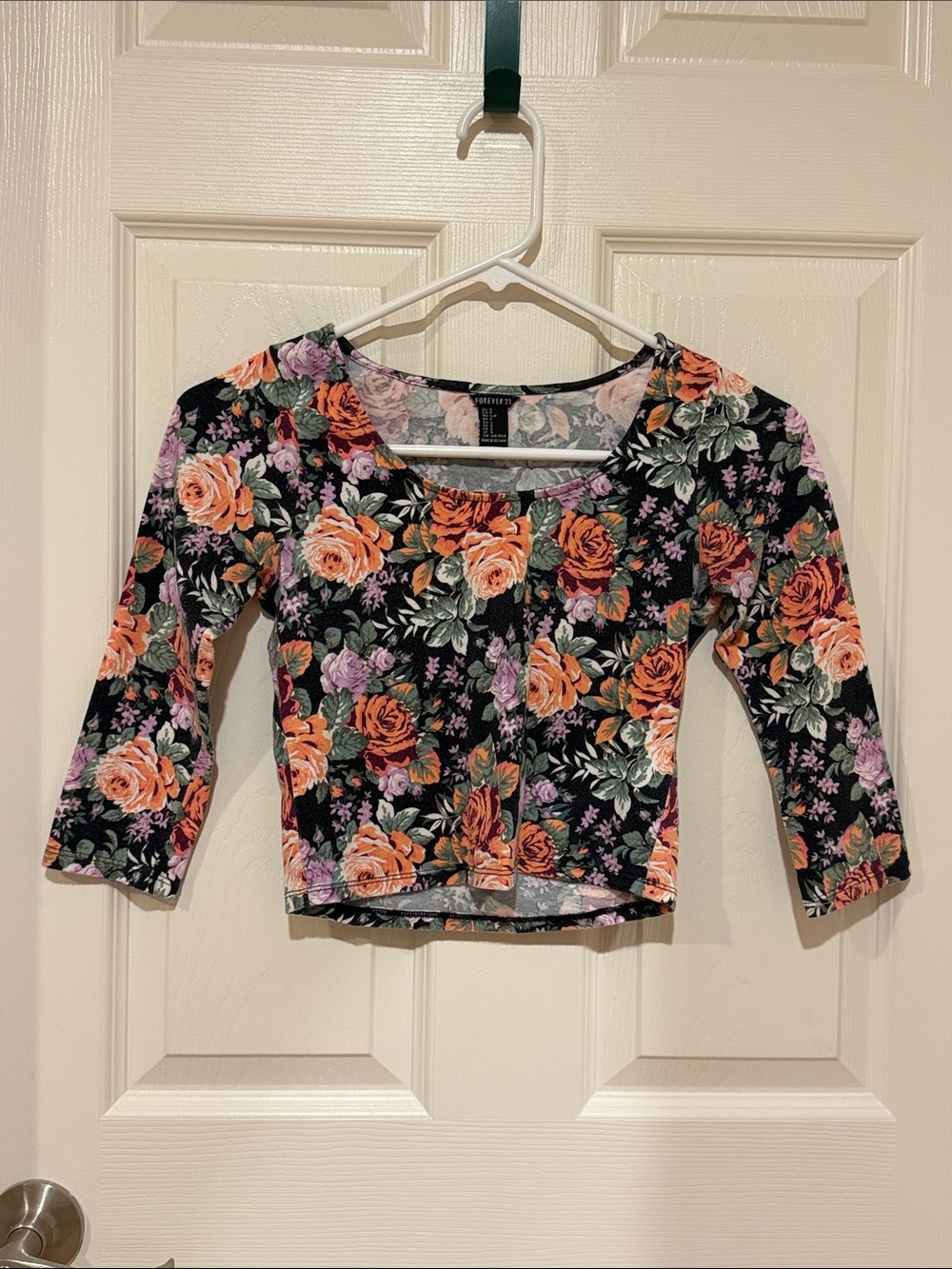 Forever 21 Black Crop Top with Orange Rose and Purple Floral Print